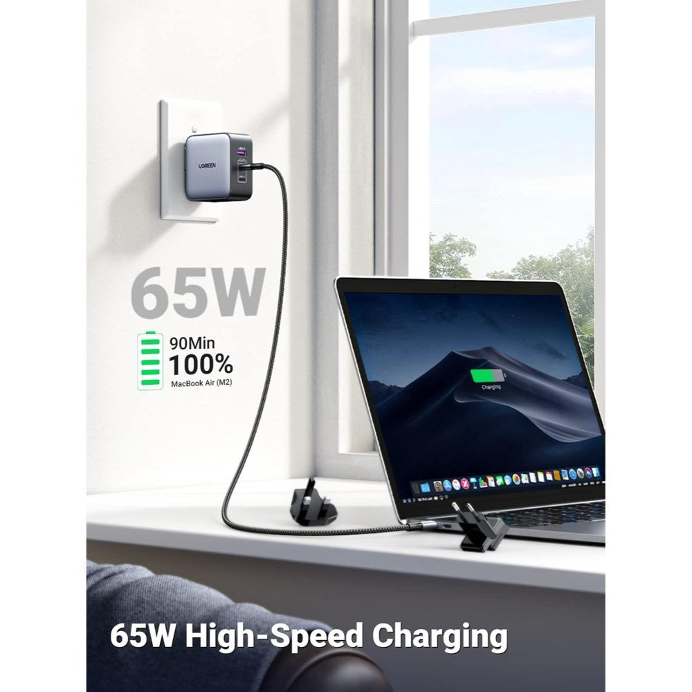 Ugreen, 65W Gan Tech Travel Charger, Eu, Us, Uk Switchable Plugs, 3 Ports, For Phones, Ipads, Laptops & Macbooks - Cd296 90409
