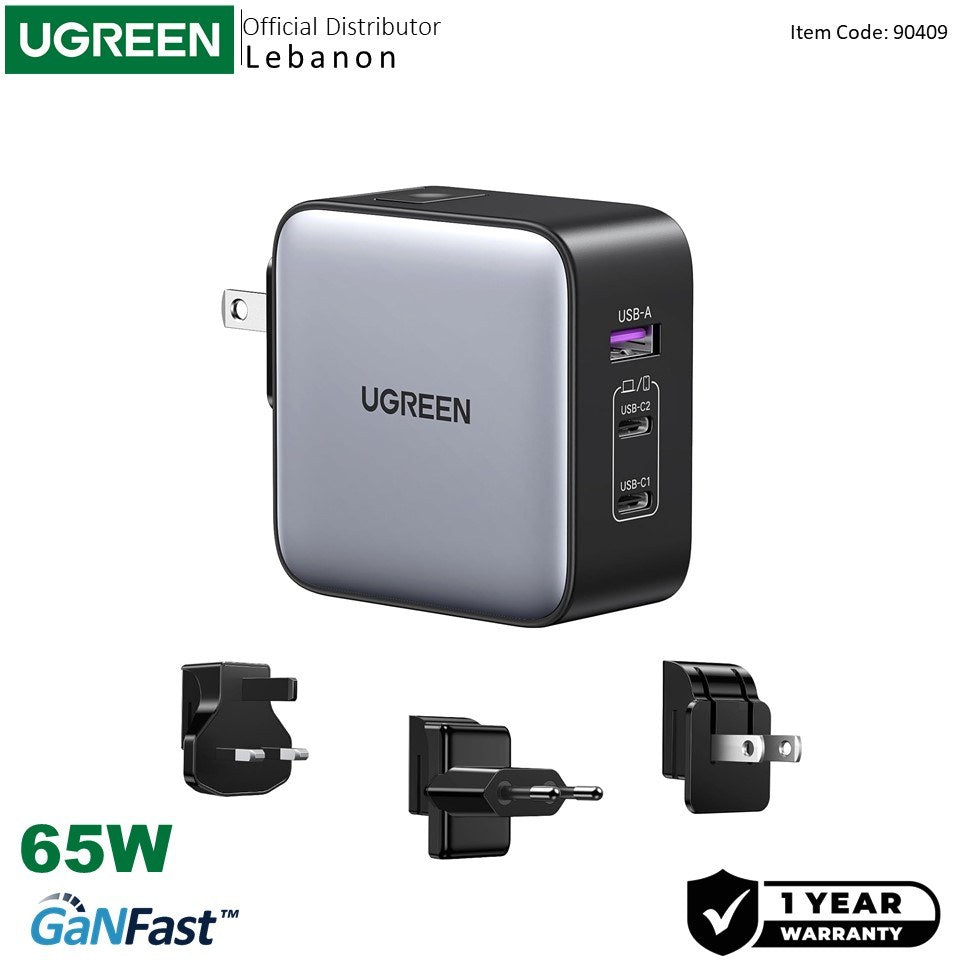 Ugreen, 65W Gan Tech Travel Charger, Eu, Us, Uk Switchable Plugs, 3 Ports, For Phones, Ipads, Laptops & Macbooks - Cd296 90409
