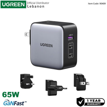 Ugreen, 65W Gan Tech Travel Charger, Eu, Us, Uk Switchable Plugs, 3 Ports, For Phones, Ipads, Laptops & Macbooks - Cd296 90409