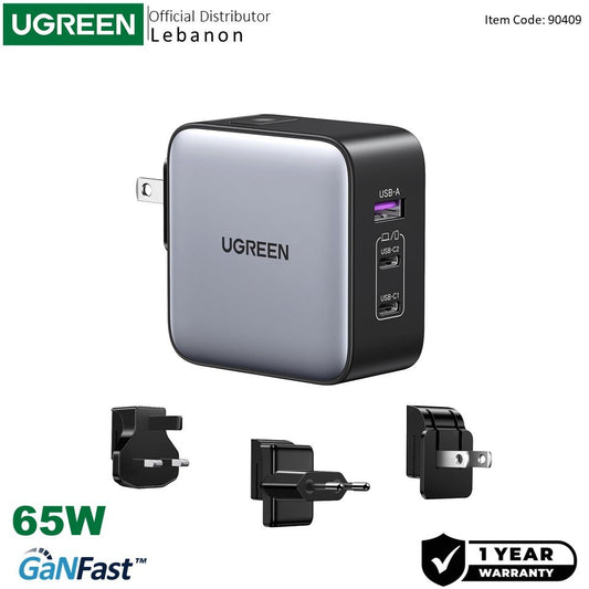 Ugreen, 65W Gan Tech Travel Charger, Eu, Us, Uk Switchable Plugs, 3 Ports, For Phones, Ipads, Laptops & Macbooks - Cd296 90409