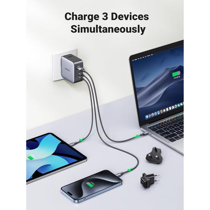 Ugreen, 65W Gan Tech Travel Charger, Eu, Us, Uk Switchable Plugs, 3 Ports, For Phones, Ipads, Laptops & Macbooks - Cd296 90409