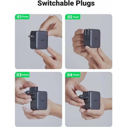 Ugreen, 65W Gan Tech Travel Charger, Eu, Us, Uk Switchable Plugs, 3 Ports, For Phones, Ipads, Laptops & Macbooks - Cd296 90409