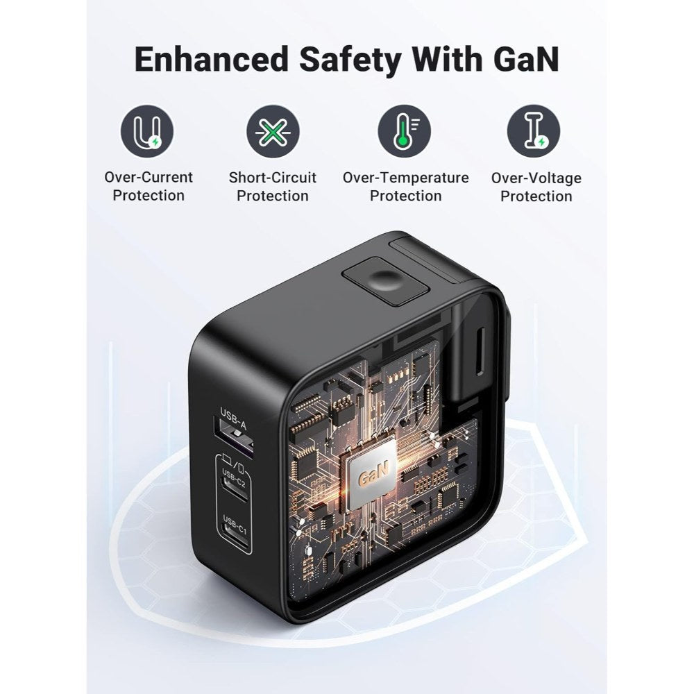 Ugreen, 65W Gan Tech Travel Charger, Eu, Us, Uk Switchable Plugs, 3 Ports, For Phones, Ipads, Laptops & Macbooks - Cd296 90409