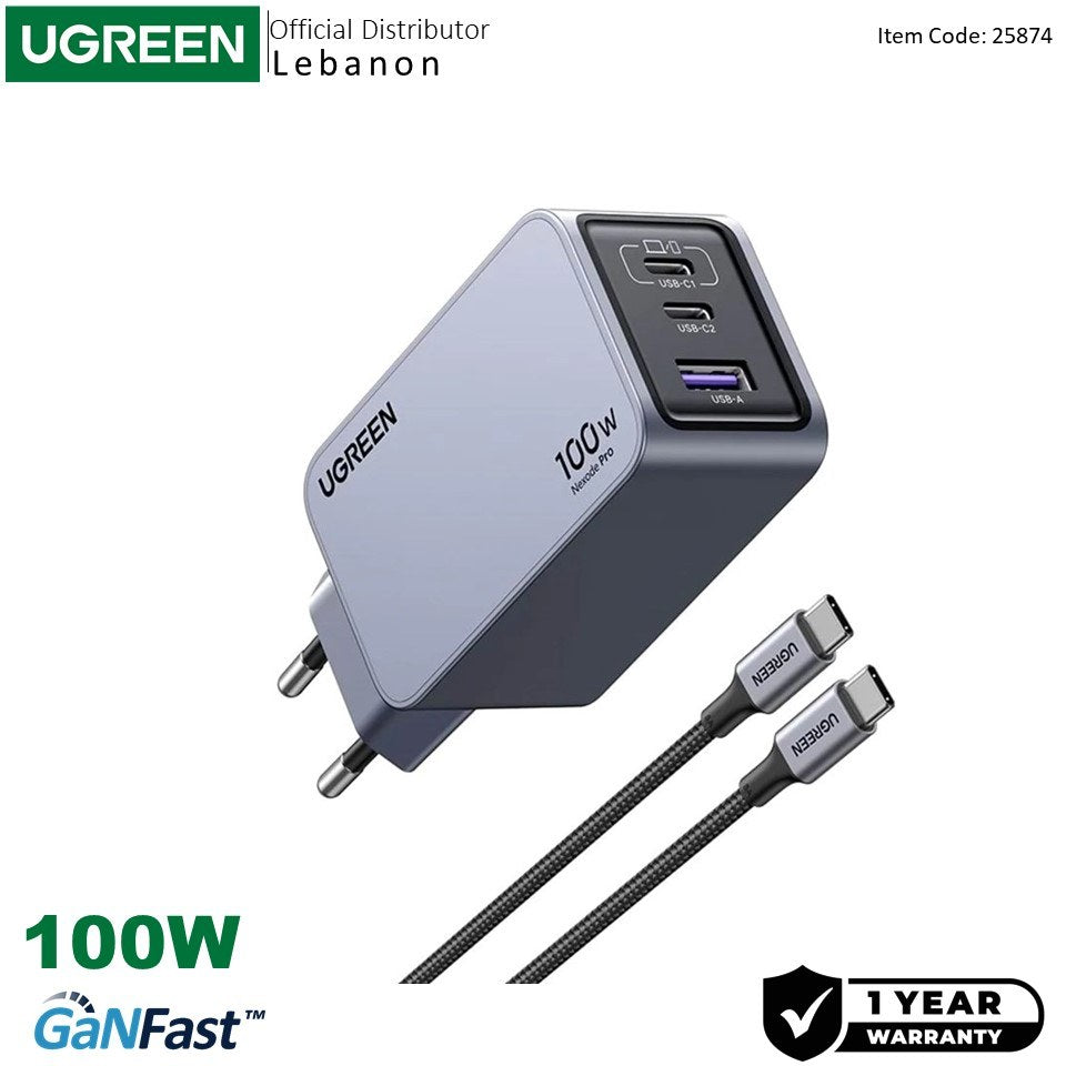 Ugreen, Nexode Pro 100W Gan Tech Chip, 3 Ports Charger For Phones, Tablets, Ipads, Laptops & Macbooks - X757 25874