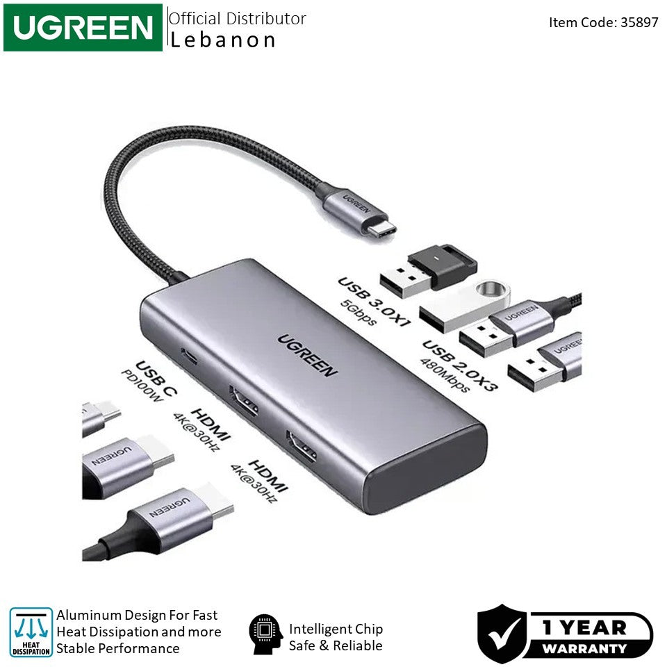 Ugreen, Dual Display 7-In-1 Usb-C Hub Docking Station 4X Usb + 2X Hdmi + Pd Port - Cm498 35897