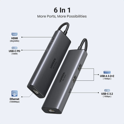 Ugreen, 6-In-1 Usb-C Hub Docking Station 2X Usb + Usb-C + Hdmi 4K/60Hz + Pd Port - Cm512 45000