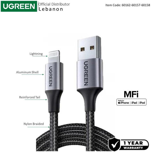 Ugreen, Usb-A To Lightning Braided Cable & Aluminum Body, Mfi Apple Certified, Fast Charging 1.5M, 2M - Us199 60162 60157 60158