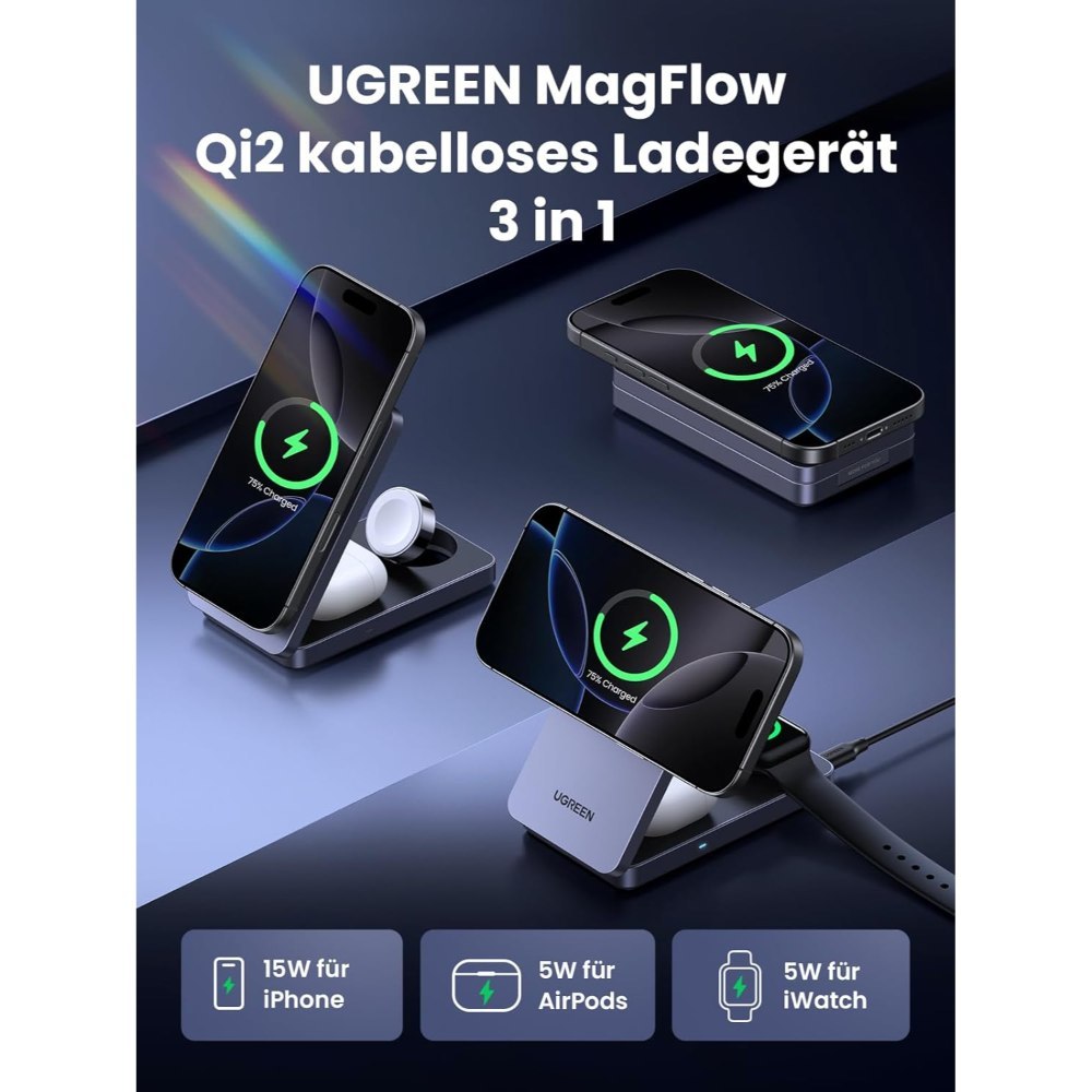 Ugreen, 3 In 1 25W Qi2 Magnetic Wireless Charger For Iphone, Airpods & Apple Watch, Wall Charger Included - W707 45025