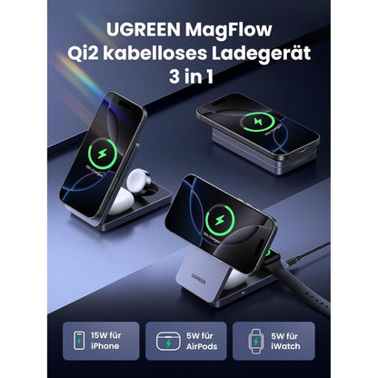 Ugreen, 3 In 1 25W Qi2 Magnetic Wireless Charger For Iphone, Airpods & Apple Watch, Wall Charger Included - W707 45025