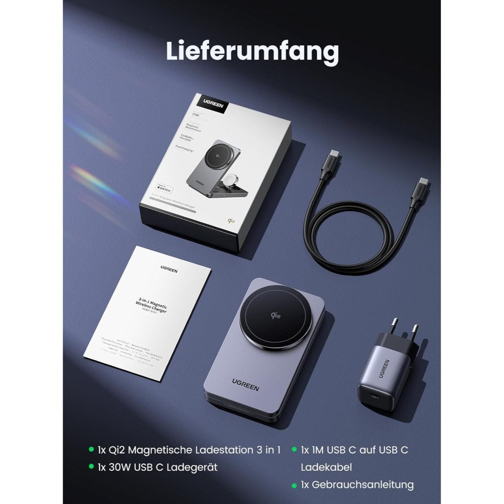 Ugreen, 3 In 1 25W Qi2 Magnetic Wireless Charger For Iphone, Airpods & Apple Watch, Wall Charger Included - W707 45025