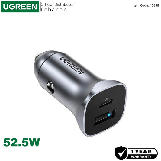 Ugreen, 52.5W (Pd 30W + Scp 22.5W Usb C / Usb A) Dual Port Fast Car Charger, For Phones, Tablets & Ipads - Cd130 40858