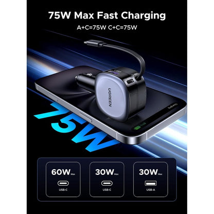 Ugreen, 75W 3-Port Fast Car Charger With Retractable Cable: For Phones, Tablets, Ipads, Laptops, And Macbooks - Ec601 55653