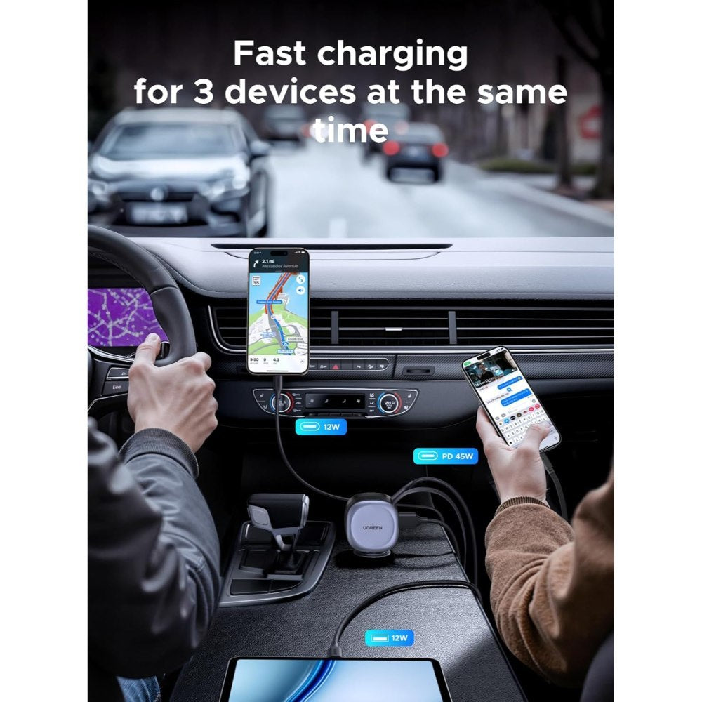 Ugreen, 75W 3-Port Fast Car Charger With Retractable Cable: For Phones, Tablets, Ipads, Laptops, And Macbooks - Ec601 55653