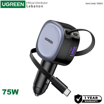 Ugreen, 75W 3-Port Fast Car Charger With Retractable Cable: For Phones, Tablets, Ipads, Laptops, And Macbooks - Ec601 55653