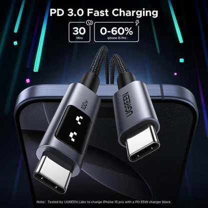 Ugreen, Braided Usb-C To Usb-C Cable, 100W Fast Charge, Led Display, And Durable Design - L509 35501 35512 35513, Available in Different Sizes
