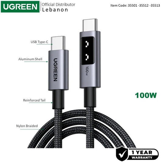 Ugreen, Braided Usb-C To Usb-C Cable, 100W Fast Charge, Led Display, And Durable Design - L509 35501 35512 35513, Available in Different Sizes