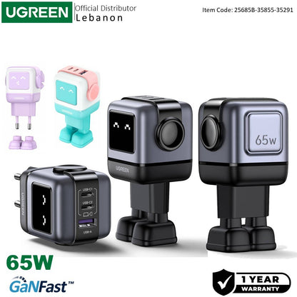 Ugreen, Uno 65W Gan Tech Chip With Led Display: For Phones, Tablets, Ipads, Laptops & Macbooks - Cd361 25685B 35855 35291, Available in Different Colors