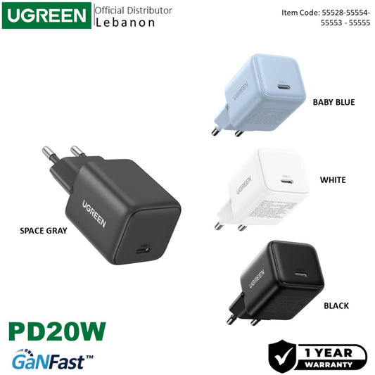 UGREEN 20W GaN Tech Chip, Smart & Fast Charger for Phones, Tablets, Ipads [Light Blue] - X512 55555