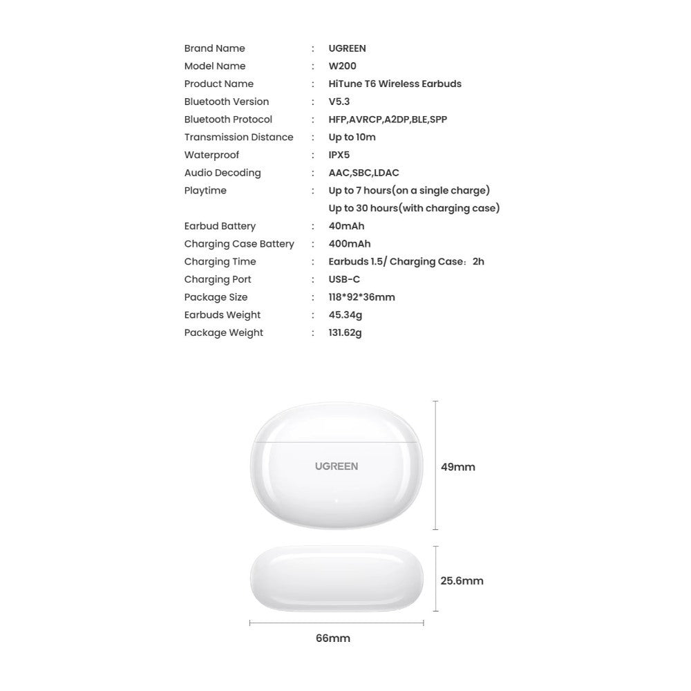 UGREEN, Hitune T6S Tws Hybrid Active Noise Cancellation (Anc) Earbuds ? Premium Sound & Noise Cancellation - Ws205 45585