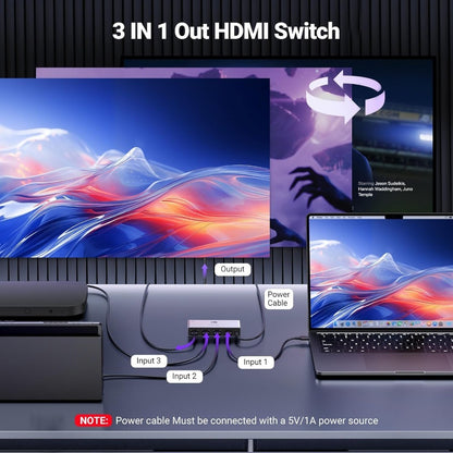 Ugreen, Ultra HD 8K @60hz HDMI 2.1 Switch 3 IN 1 OUT, Aluminum Body with Remote Control - CM624 15604