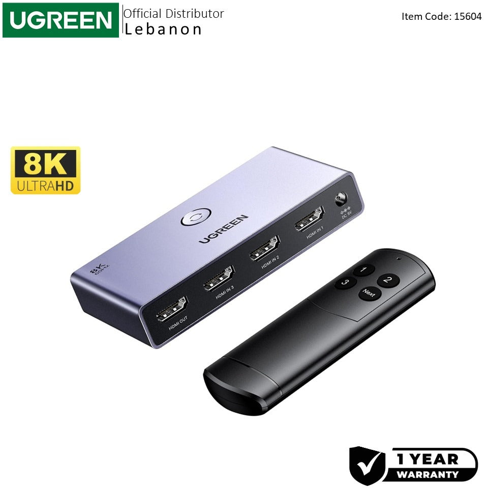 Ugreen, Ultra HD 8K @60hz HDMI 2.1 Switch 3 IN 1 OUT, Aluminum Body with Remote Control - CM624 15604