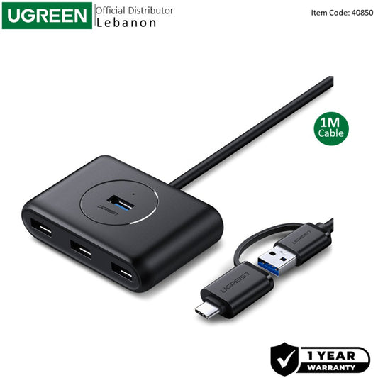 UGREEN USB 3.0 to 4- Port USB 3.0 Hub + Type-C Connector, with Power Port - CR113 40850