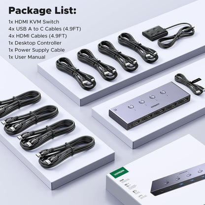 UGREEN 8K 4Ports HDMI KVM Switch Box, Control 4 PC?s Sharing Single Monitor & 3 USB-A 3.0 Port + 1 port USB-C DATA - AK701 55397