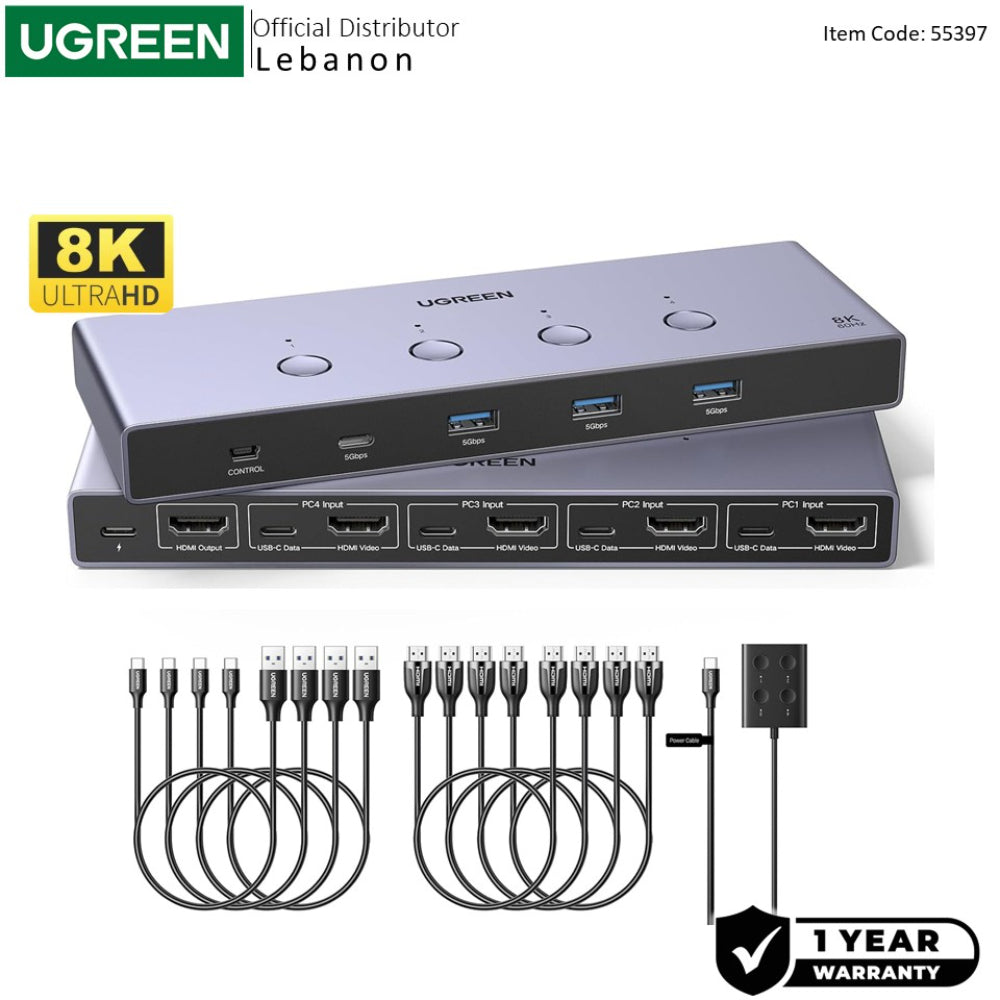 UGREEN 8K 4Ports HDMI KVM Switch Box, Control 4 PC?s Sharing Single Monitor & 3 USB-A 3.0 Port + 1 port USB-C DATA - AK701 55397