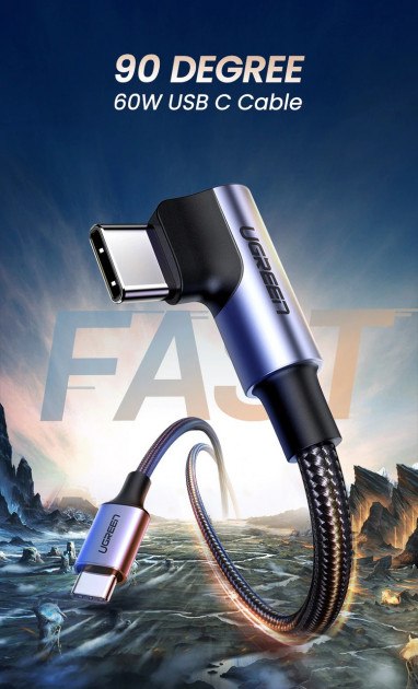 Ugreen, USB-C to Angled USB-C PD60W Braided Cable & Aluminum Body, Fast Charge, 2M - US255 50125