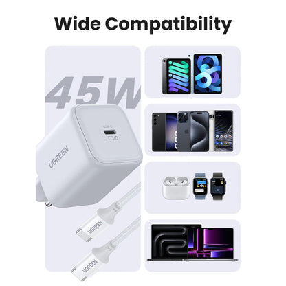 UGREEN 45W USB-C GaN Charger, Fast Wall Charger with 1M USB-C to C Cable  for Phones, Tablets & Ipads  - X524 65055