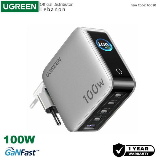 UGREEN 100W GaN USB-C Charger, 5-in-1 Ultra Fast Charging with Smart Digital Display & Intelligent Protection - X773 65620B