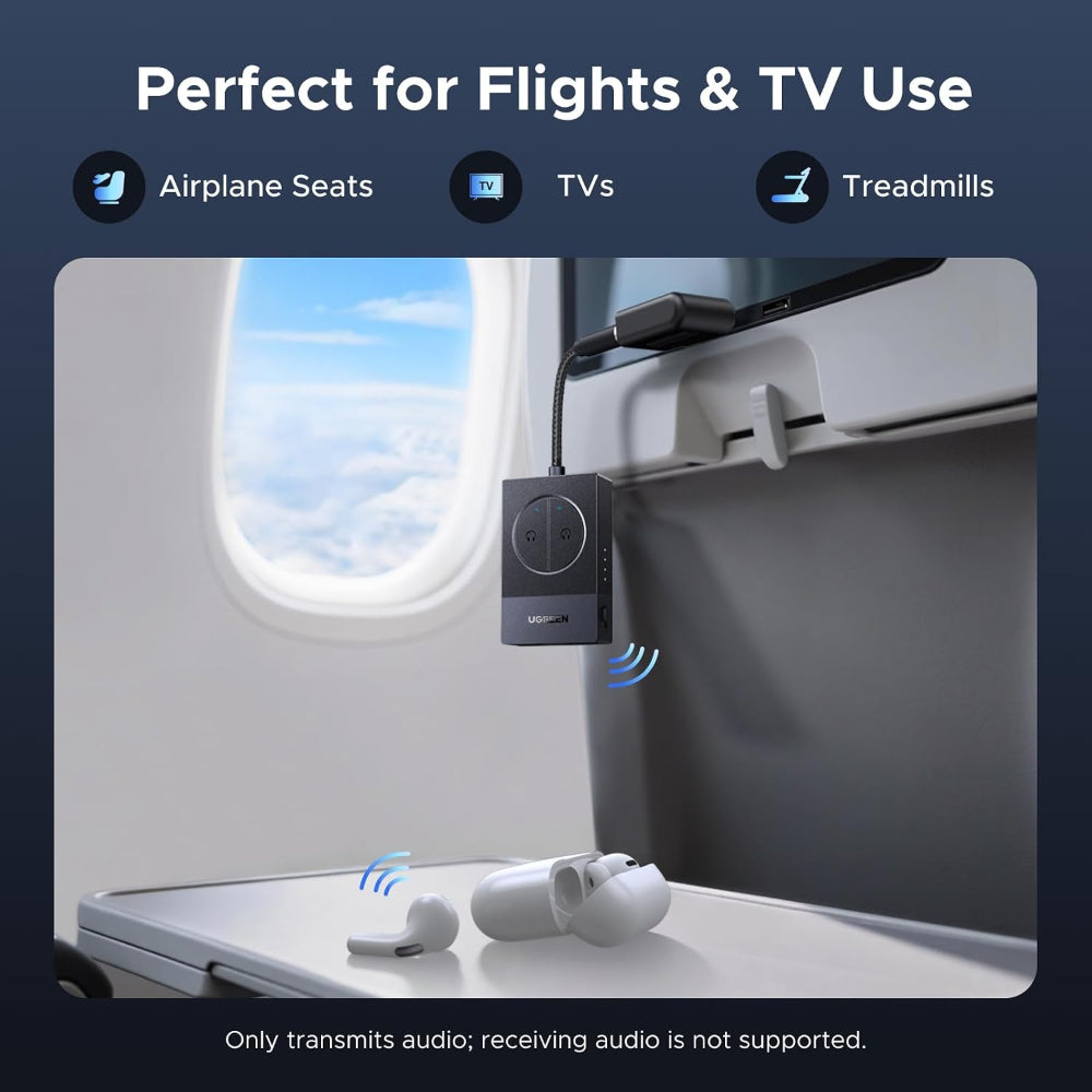 UGREEN Airplane BT 5.4 Audio Transmitter, Dual Pairing, 19H Battery & 3.5mm AUX / Flight Jack, TVs & Treadmills - BT305 65706