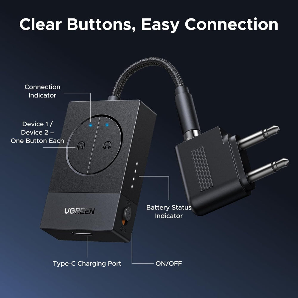 UGREEN Airplane BT 5.4 Audio Transmitter, Dual Pairing, 19H Battery & 3.5mm AUX / Flight Jack, TVs & Treadmills - BT305 65706
