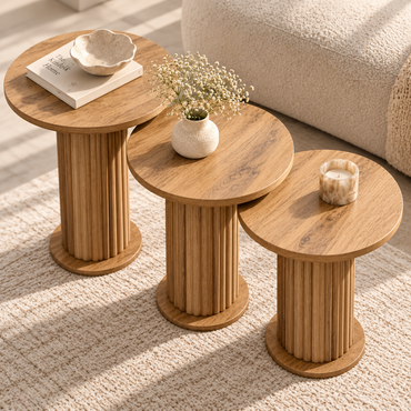 Elara Fluted Wood Side Table Set – 3 Pieces | BS-102