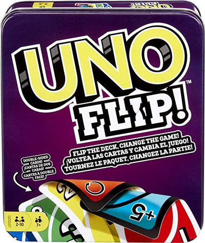UNO FLIP! Family Card Game, with 112 Cards in a Sturdy Storage Tin, Makes a Great Gift for 7 Year Olds