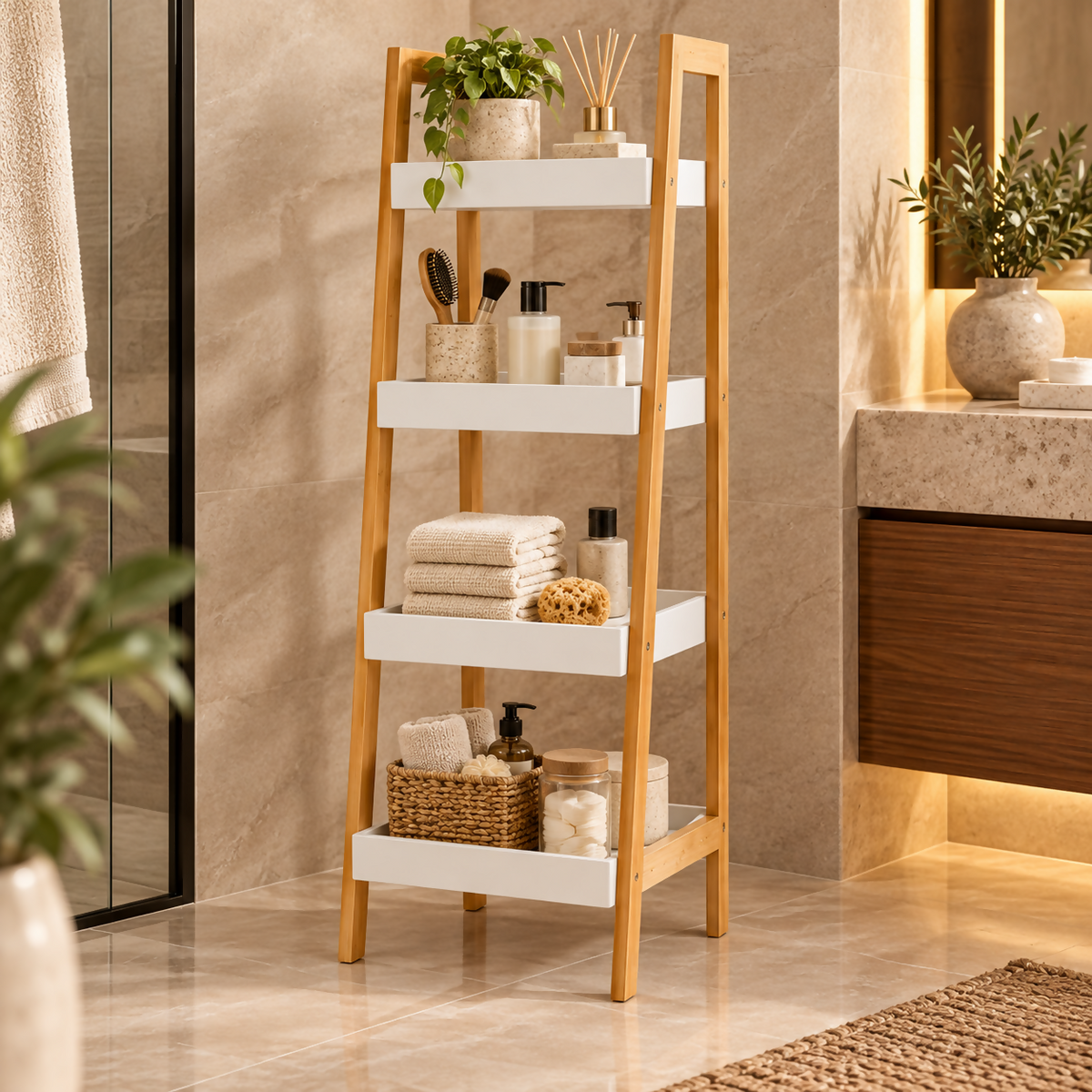 Haven 4-Tier Bamboo &amp; White Ladder Storage Shelf | A1123