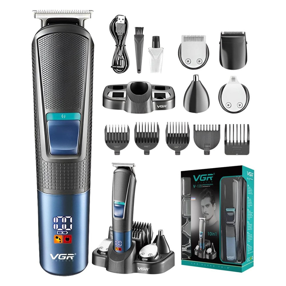 Vgr, V-108 Professional 10 In 1 Grooming Kit With Led Display, All In One Trimmer For Men,Suitable For Face, Head, Nose,Ear & Body Grooming, 120 Min Runtime (Black, Blue)
