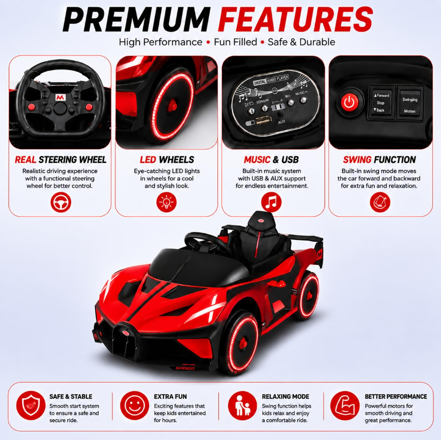 Kids Ride-On Car – 12V Battery, Dual Motors, Remote Control, LED Lights & Music (Ages 1–5)