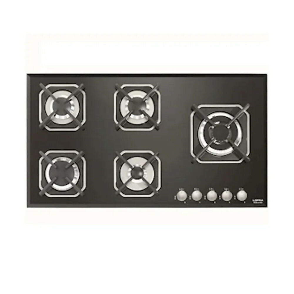 Lofra Hob 90Cm, Gas On Glass, 5 Gas Burners, (1 Triple Crown), Safety, Knob Ignition, Black, LOF-HGN950