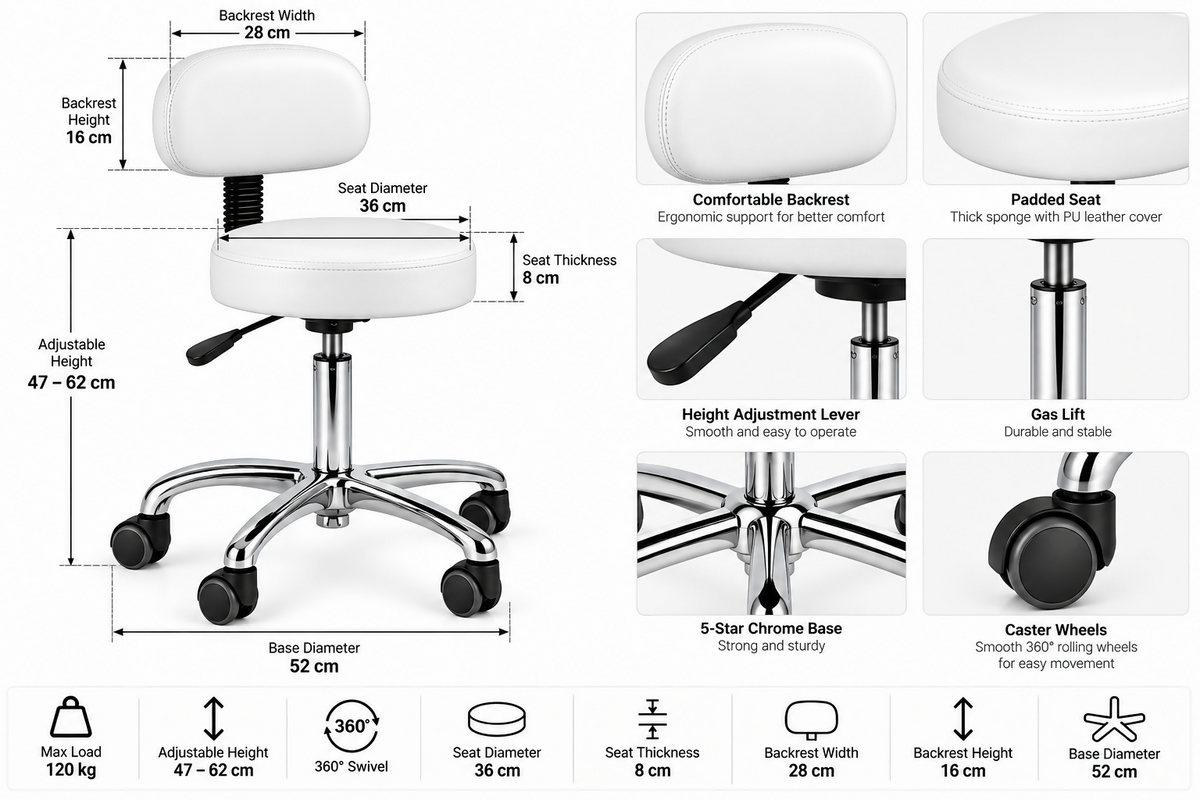 Swivel Spa Massage Stool Adjustable Height Salon Stool with Backrest