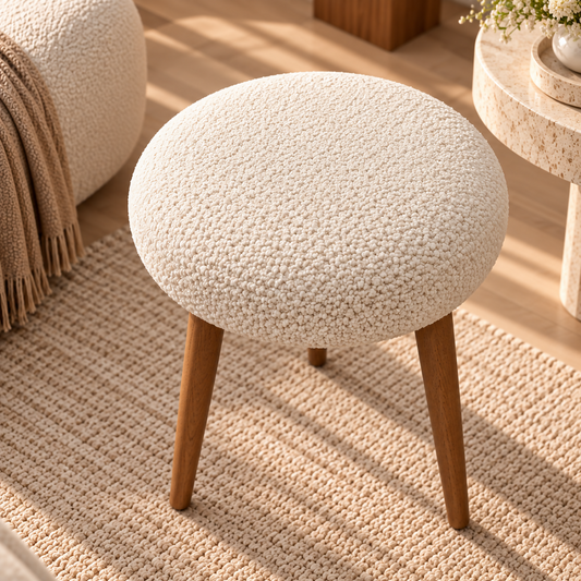 Luna Bouclé Wooden-Leg Pouf | PUF-375