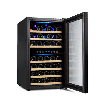 Campomatic Wine Cooler Under Counter Full Glass Front Design Dual Zone 45 Bottles Capacity Wood Shelves, WC45DZ
