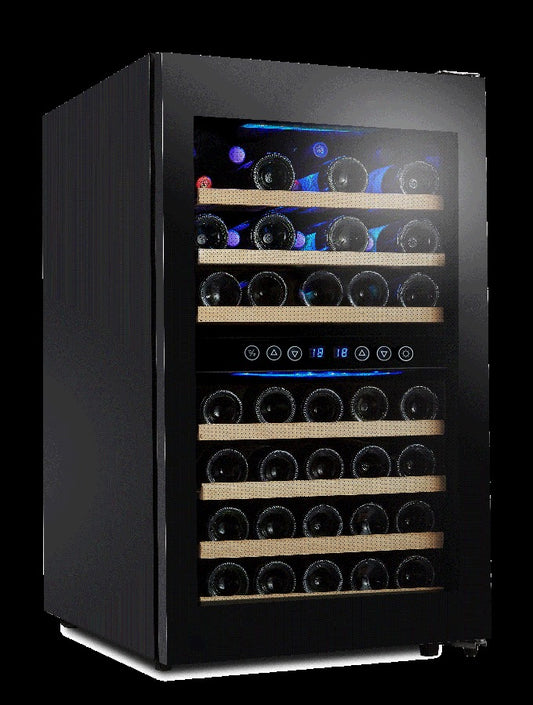 Campomatic, Wine Cooler Under Counter Full Glass Front Design Dual Zone 45 Bottles Capacity Wood Shelves