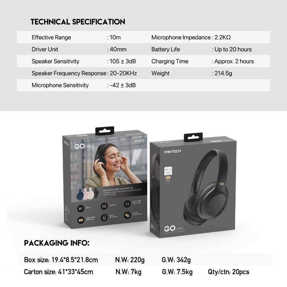 Fantech, Wh05 Go Vibe Wireless Headphones, Dual Mode Connection Bt5.3 & 3.5Mm Jack Gaming Headset, Available in Different Colors