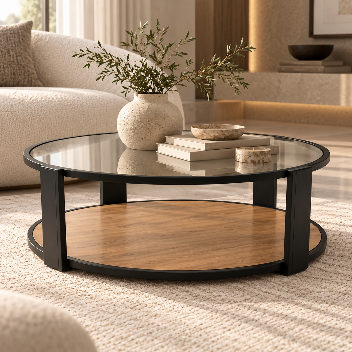 Arden Round Glass & Wood Coffee Table | S09