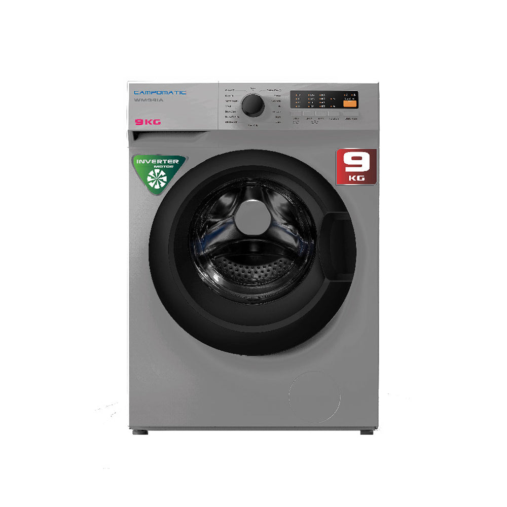 Campomatic Washer 9Kg, 1400RPM, Inverter Motor, Large Digital Display, Black Tinted Door, Titanium Drum, Auto Restart, Steam Function, Dark Silver Anthracite, WM94IA