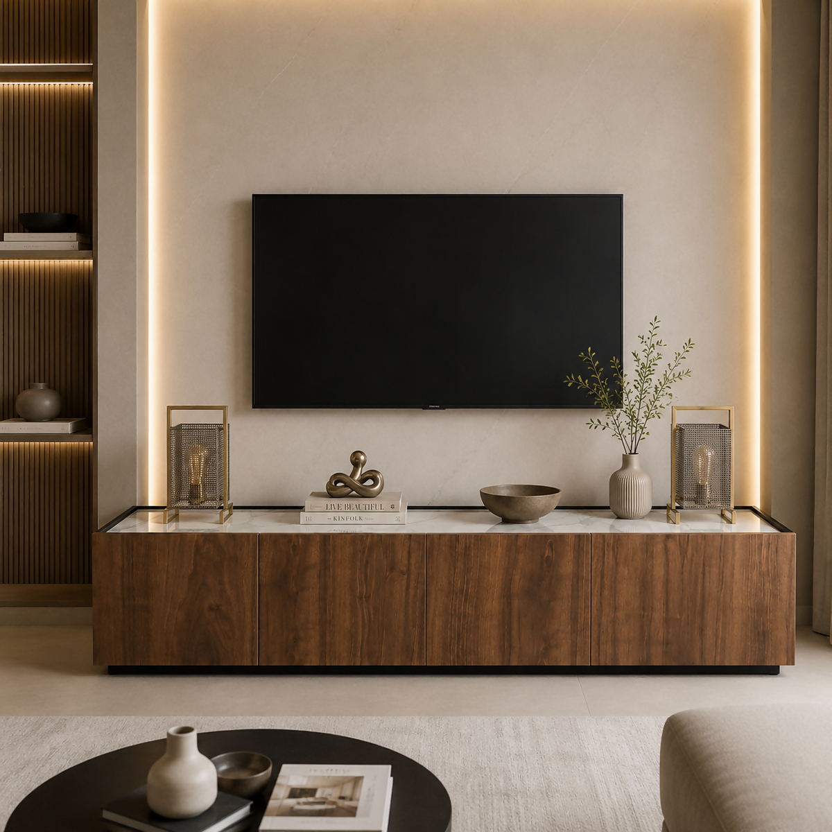 Verona TV Unit – Walnut Wood & Marble-Inspired Wood Finishp | HS96
