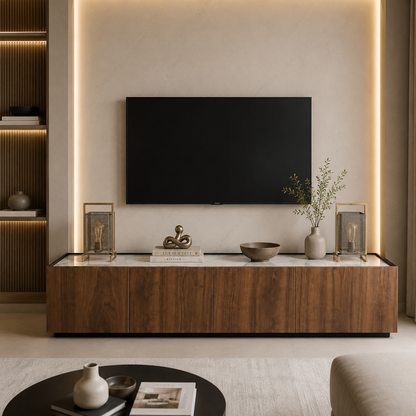 Verona TV Unit – Walnut Wood & Marble-Inspired Wood Finishp | HS96