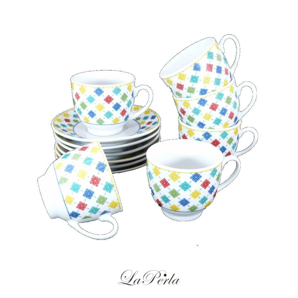 La Perla, 90cc Porcelain Coffee Cup and Saucer Set Decal Colorful Scotland Original 12PCs