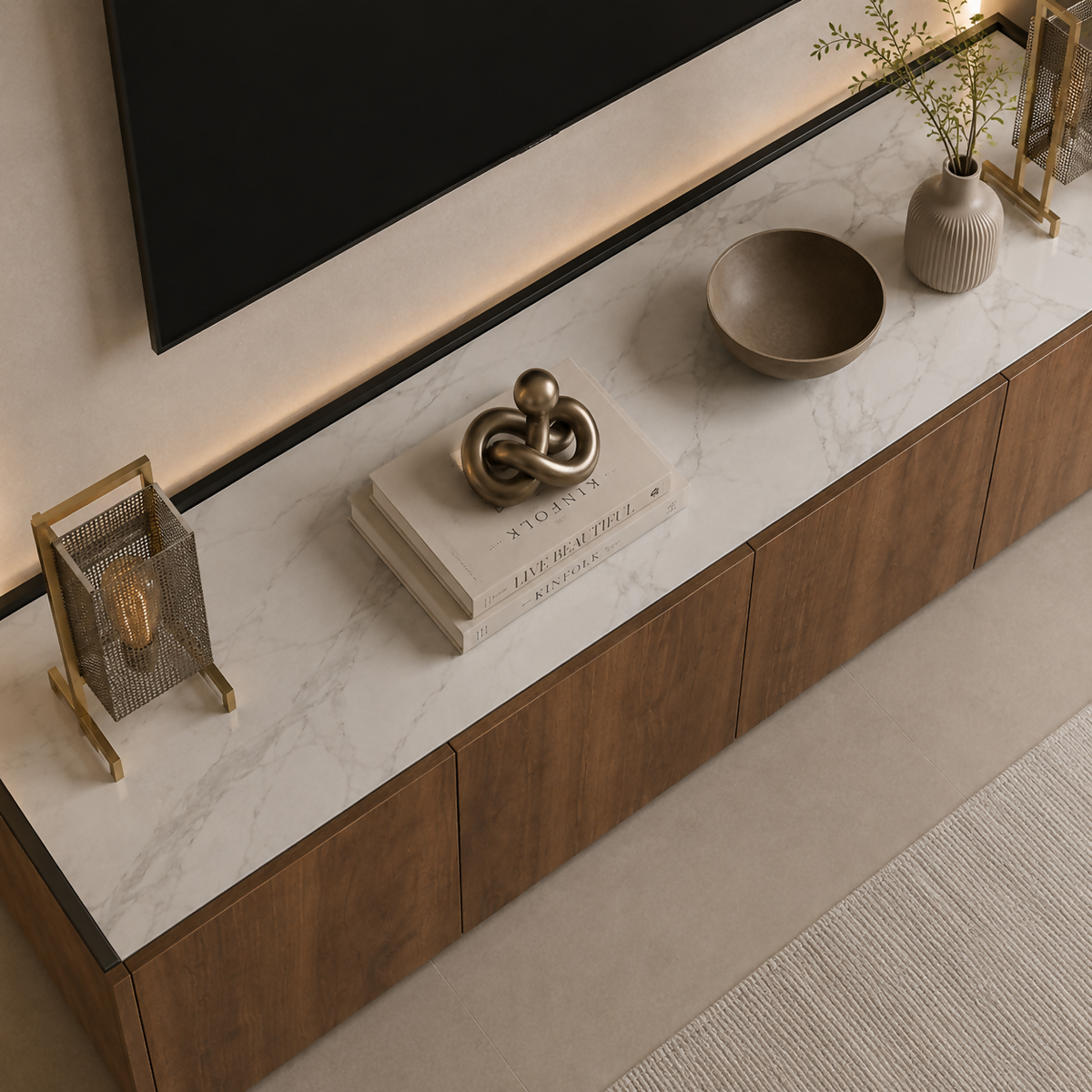 Verona TV Unit – Walnut Wood & Marble-Inspired Wood Finishp | HS96